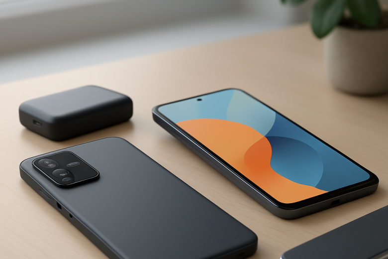 Three unbranded midrange smartphones on a desk, with a power bank and plant, representing