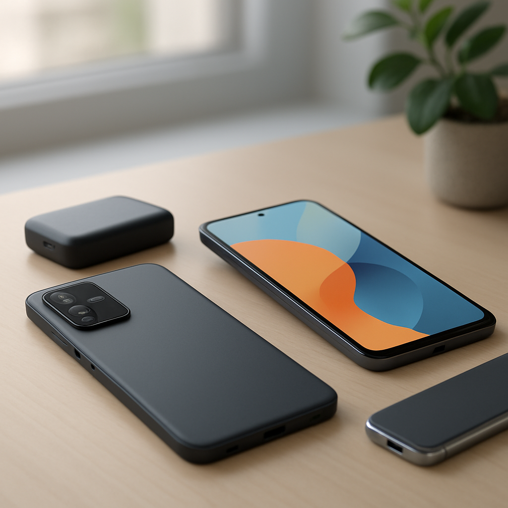 Three unbranded midrange smartphones on a desk, with a power bank and plant, representing