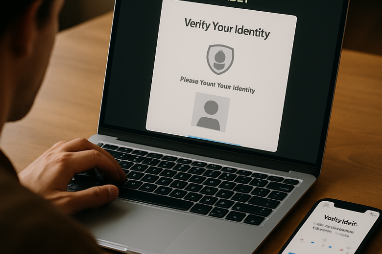 A person pauses at a laptop’s account verification screen while a phone displays a