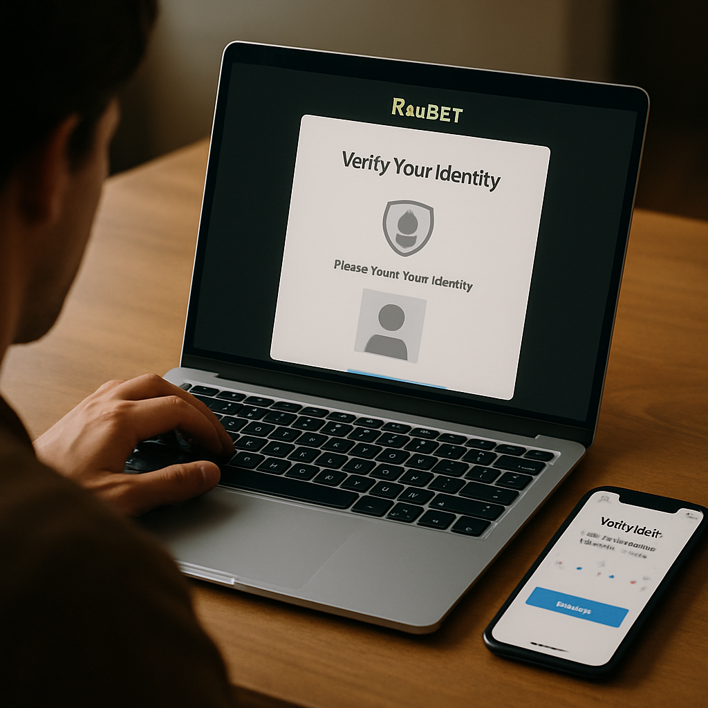 A person pauses at a laptop’s account verification screen while a phone displays a