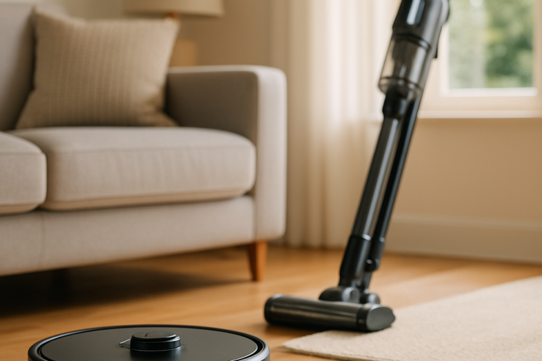 A robot vacuum cleans hardwood beside a cordless stick vacuum in a bright home.