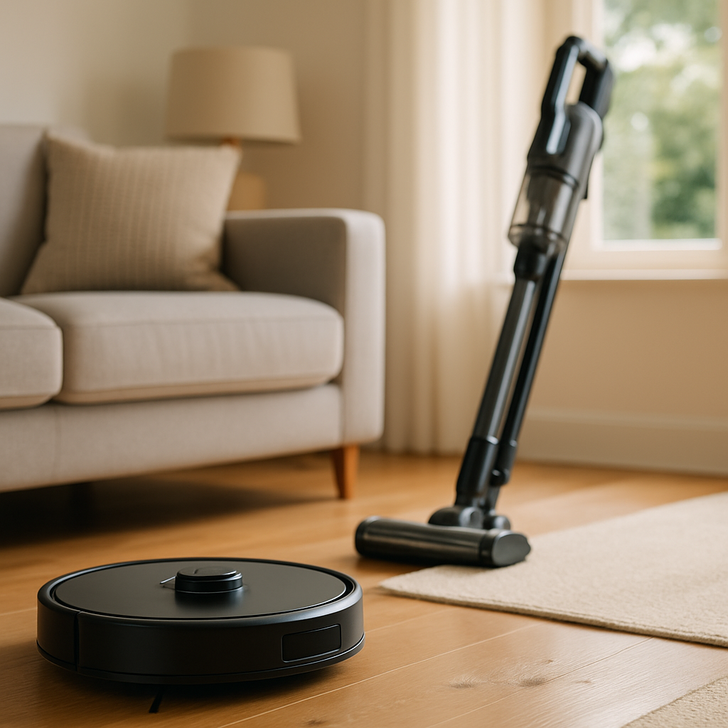 A robot vacuum cleans hardwood beside a cordless stick vacuum in a bright home.