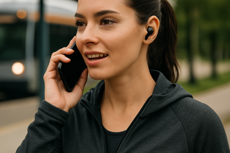 A commuter wearing wireless earbuds takes a call while walking outdoors in activewear.