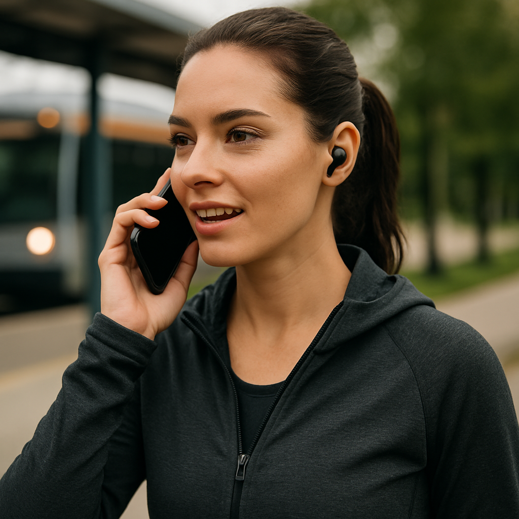 A commuter wearing wireless earbuds takes a call while walking outdoors in activewear.