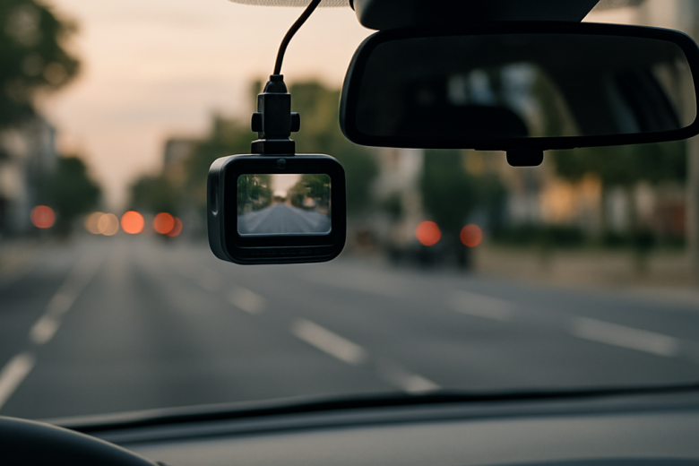 A dash camera mounted behind a car’s rearview mirror records an ordinary city street
