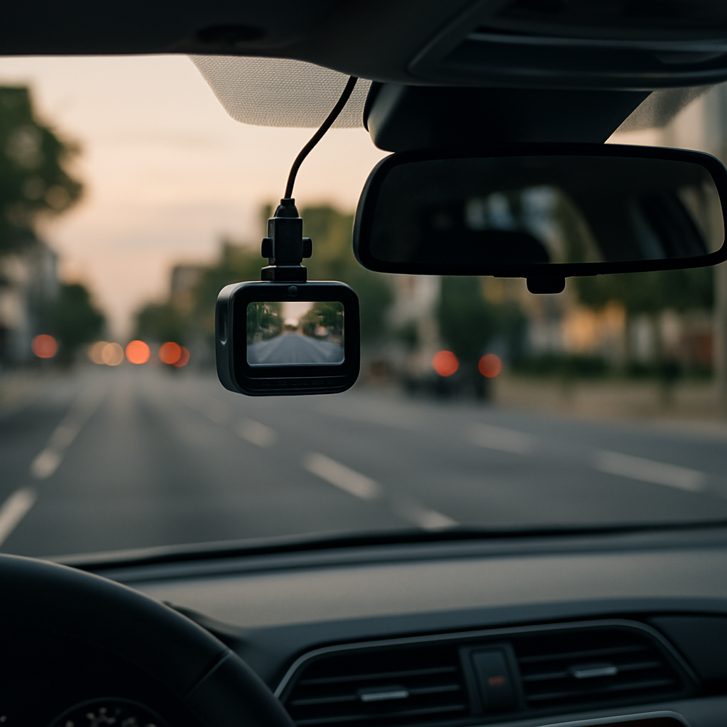 A dash camera mounted behind a car’s rearview mirror records an ordinary city street