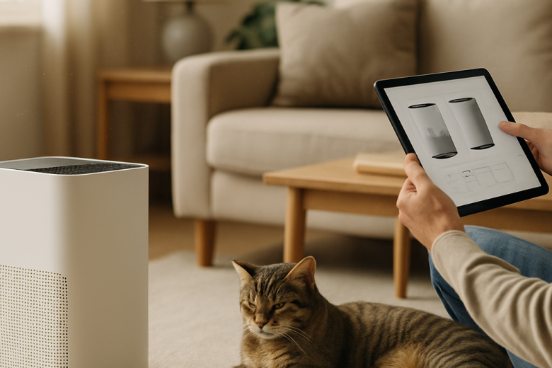 A person compares air purifiers on a tablet in a bright living room, with