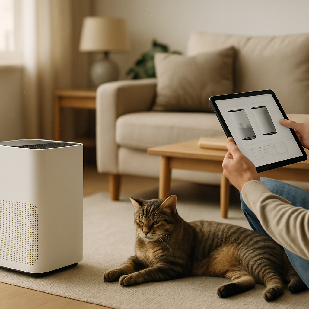 A person compares air purifiers on a tablet in a bright living room, with
