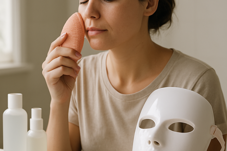 A person uses a silicone cleansing brush beside an LED skincare mask and basic