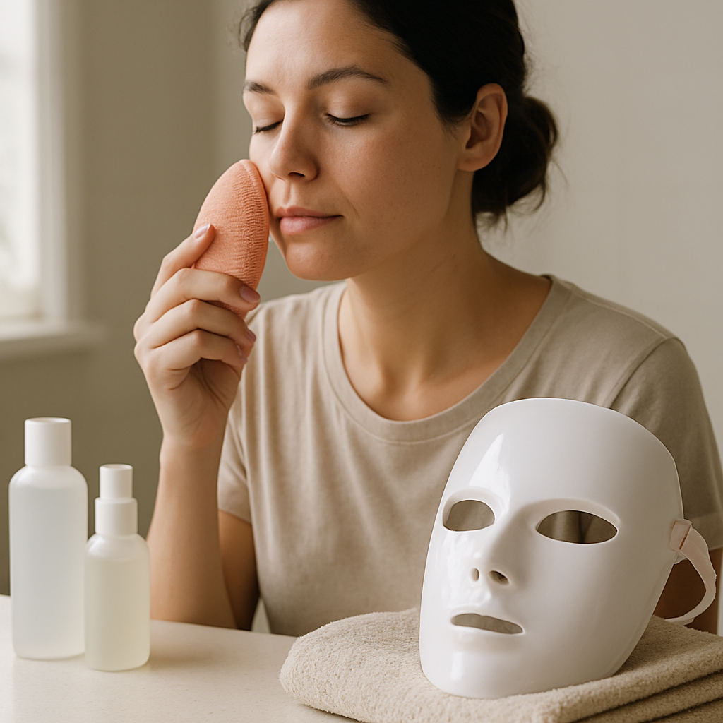A person uses a silicone cleansing brush beside an LED skincare mask and basic