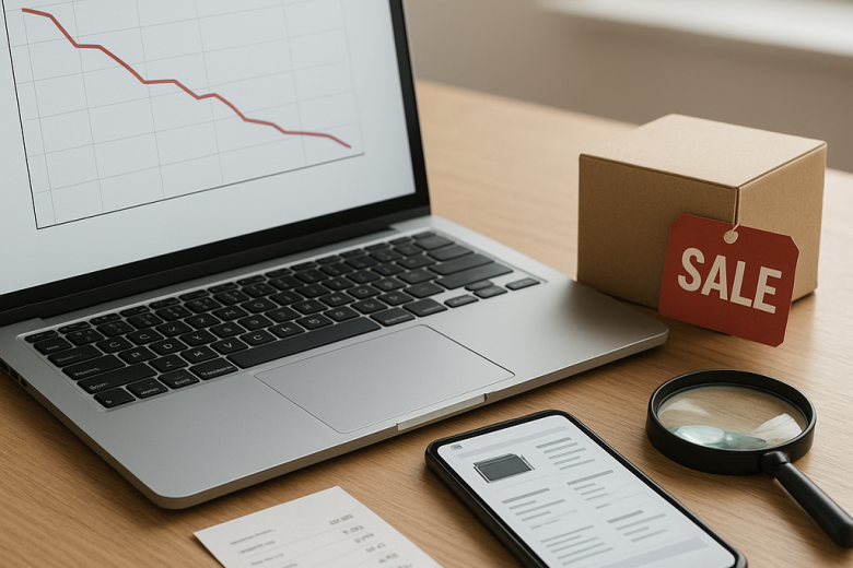 Laptop price-history graph, phone specification comparison, and electronics sale tag arranged on a desk
