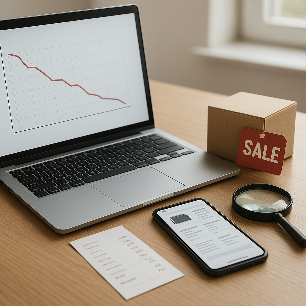 Laptop price-history graph, phone specification comparison, and electronics sale tag arranged on a desk