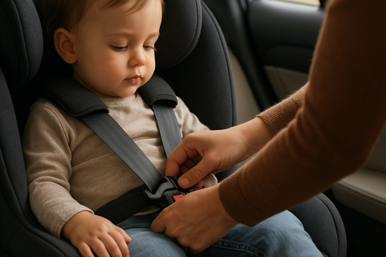 A parent checks the fit of a rear-facing convertible car seat while securing a