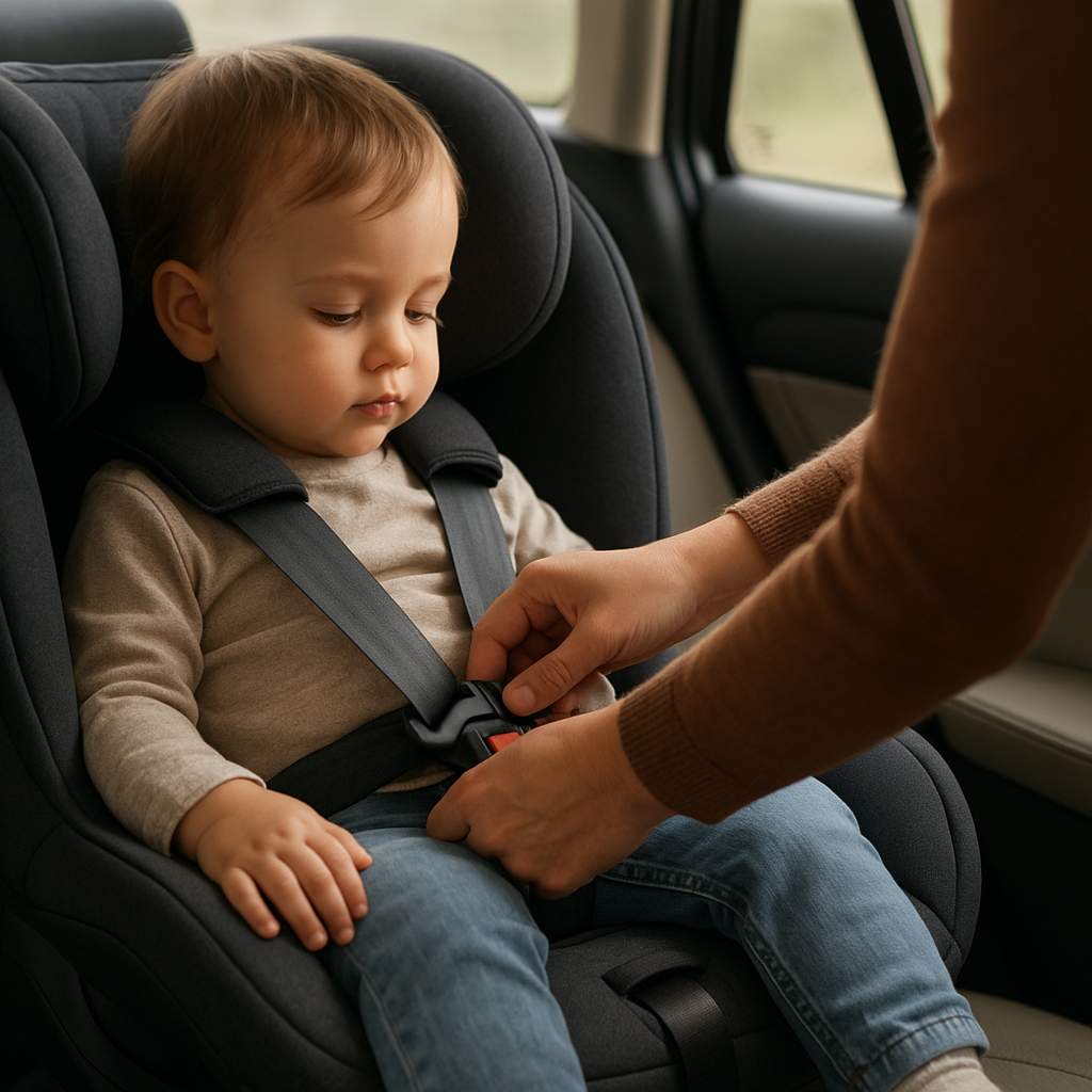 A parent checks the fit of a rear-facing convertible car seat while securing a