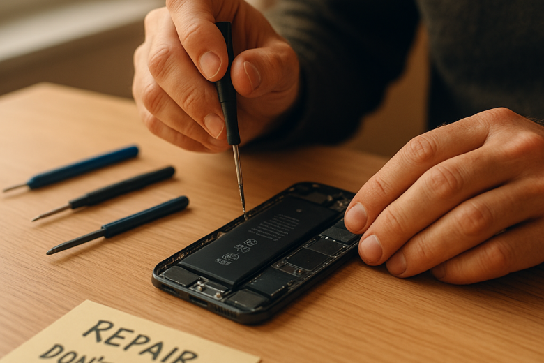 A shopper repairs a smartphone at home using simple tools, highlighting how repairable gadgets