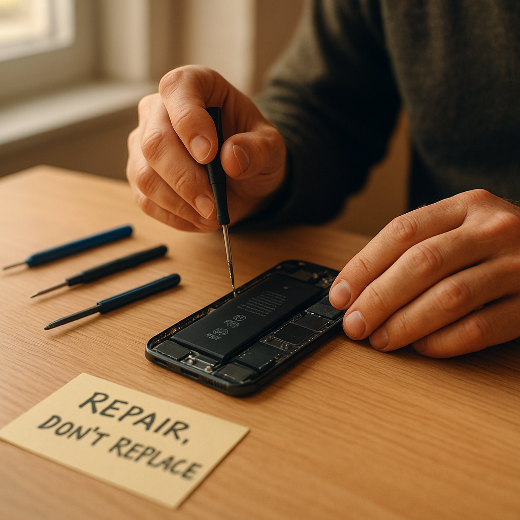 A shopper repairs a smartphone at home using simple tools, highlighting how repairable gadgets