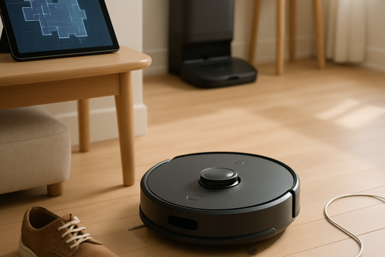 A robot vacuum maps a bright living room, avoids a shoe and cable, and