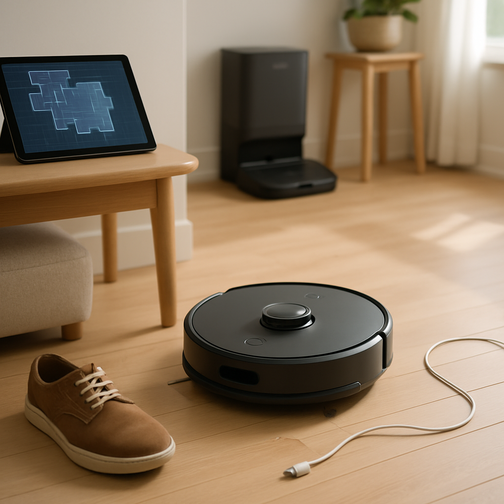 A robot vacuum maps a bright living room, avoids a shoe and cable, and