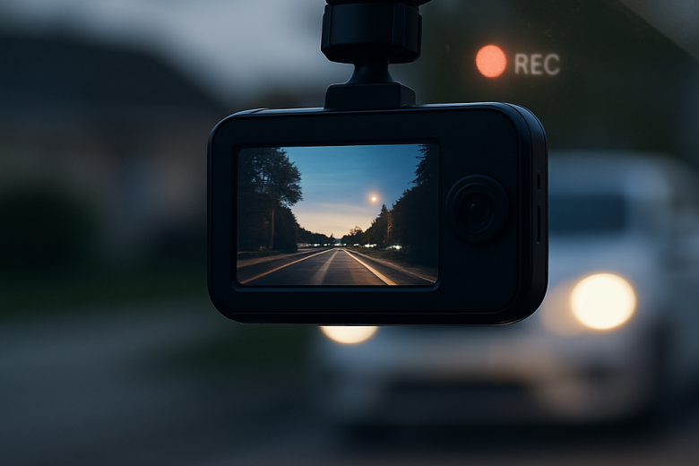 A windshield-mounted dash cam records a clear dusk street, with a subtle indicator suggesting