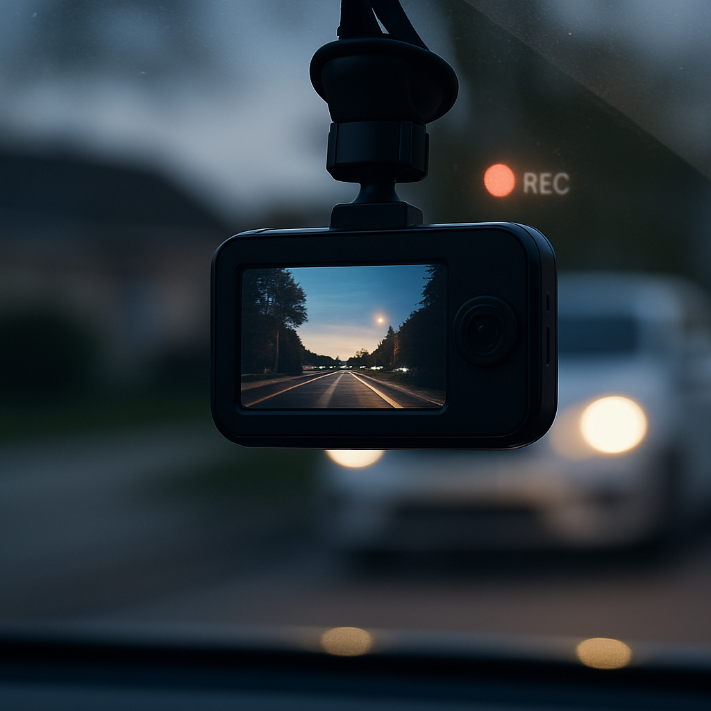 A windshield-mounted dash cam records a clear dusk street, with a subtle indicator suggesting