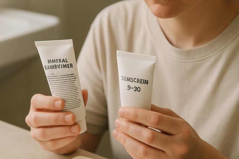 A person compares ingredient labels and SPF ratings on two affordable sunscreen options beside