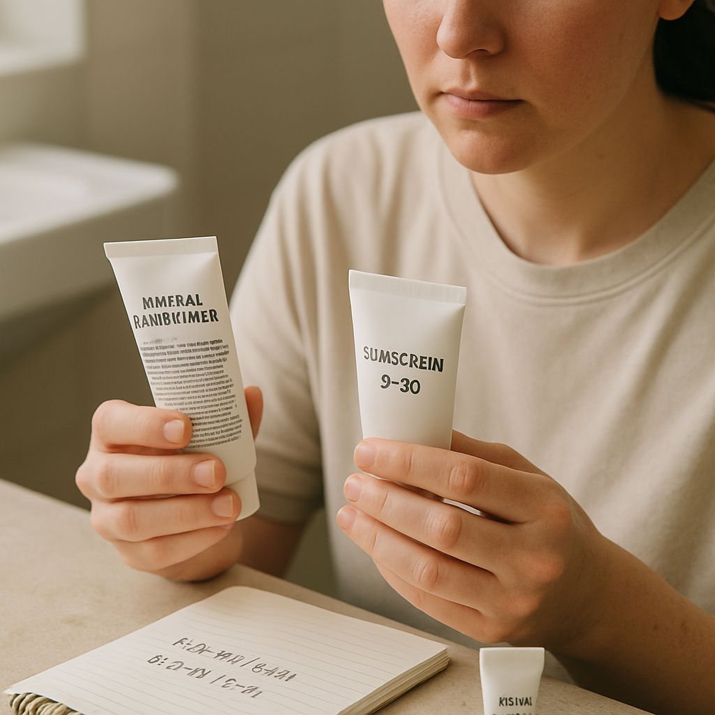 A person compares ingredient labels and SPF ratings on two affordable sunscreen options beside