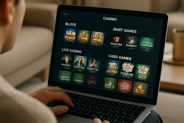 A person browses a laptop casino lobby organized into categories such as slots, table