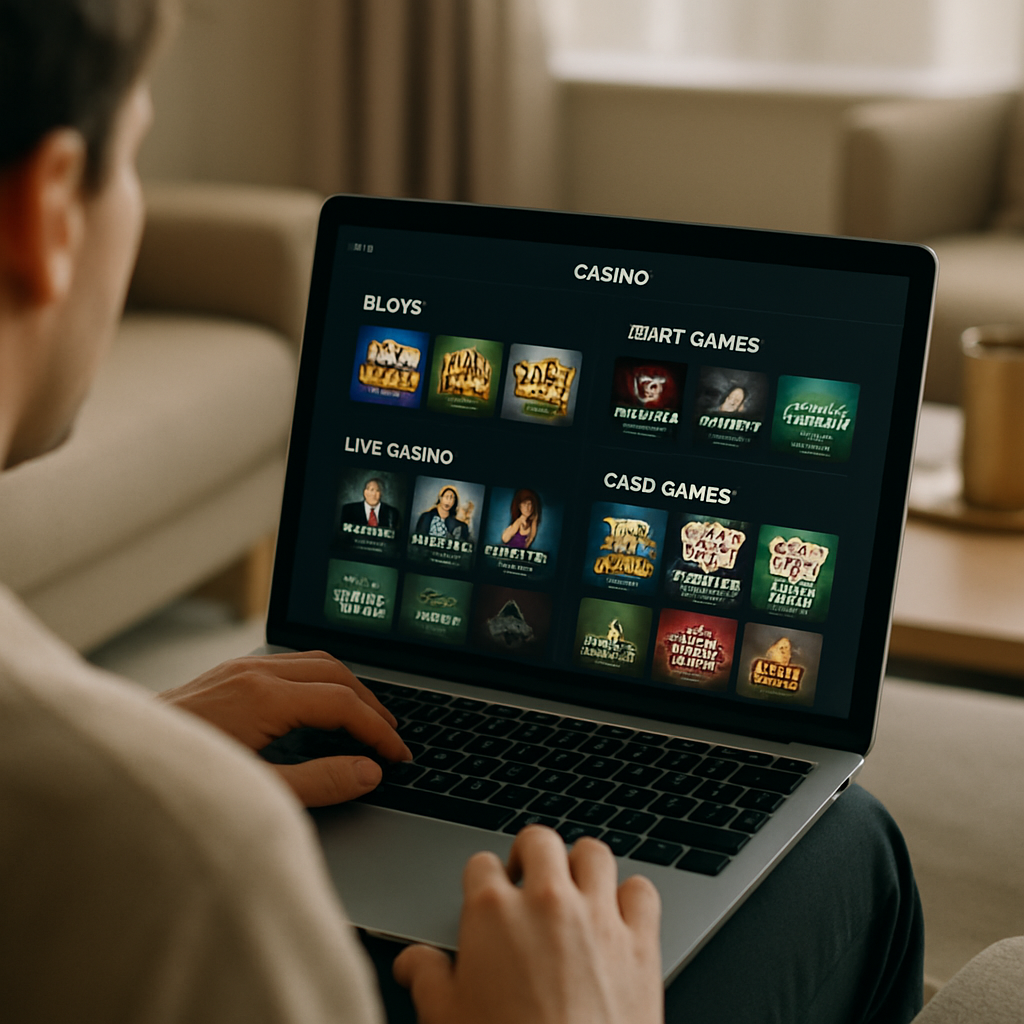 A person browses a laptop casino lobby organized into categories such as slots, table