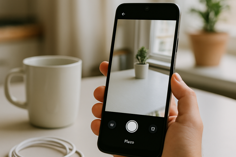 A person holds an affordable smartphone at a kitchen table, with everyday items nearby.