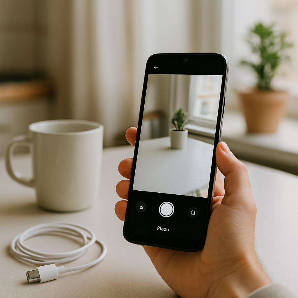 A person holds an affordable smartphone at a kitchen table, with everyday items nearby.