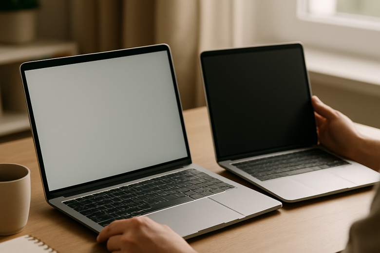 A person compares two laptops on a tidy desk in a bright home office.
