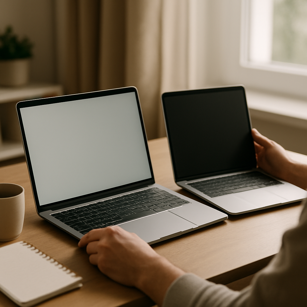A person compares two laptops on a tidy desk in a bright home office.
